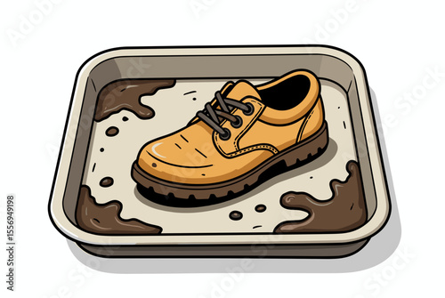 Cartoon Illustration of a Dirty Yellow Shoe Sitting in a Tray of Mud, Isolated on White Background