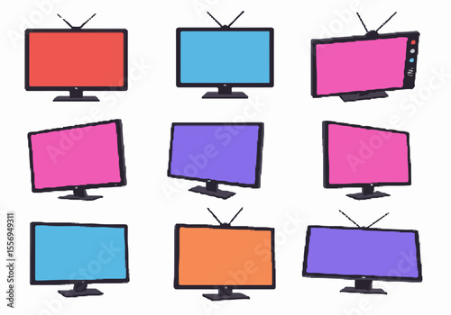 Grid of colorful hand-drawn cartoon television sets with blank screens and antennas on white background