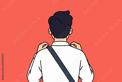 Illustration of a person receiving a shoulder massage from behind, depicting relaxation and stress relief, set against a red background