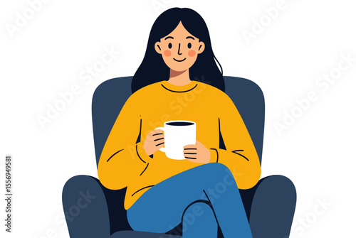 Woman Relaxing in Armchair with Coffee Cup Illustration, Enjoying a Peaceful Moment