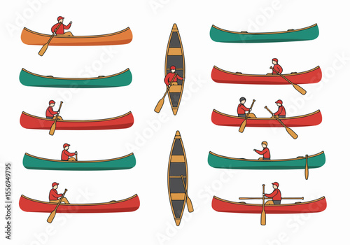 Collection of simple cartoon illustrations featuring people paddling canoes from various angles, ideal for illustrating water sports, outdoor recreation, and adventure activities.