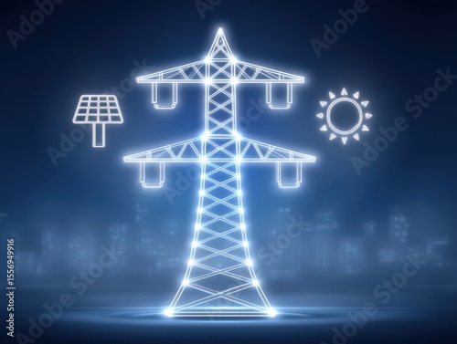 Futuristic power grid concept illustration featuring solar energy panels and a bright sun emblem symbolizing renewable energy innovation in the urban landscape with digital transformation