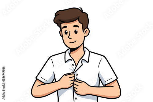 Cartoon Illustration of a Young Man Buttoning a White Shirt with a Slight Smile on a White Background