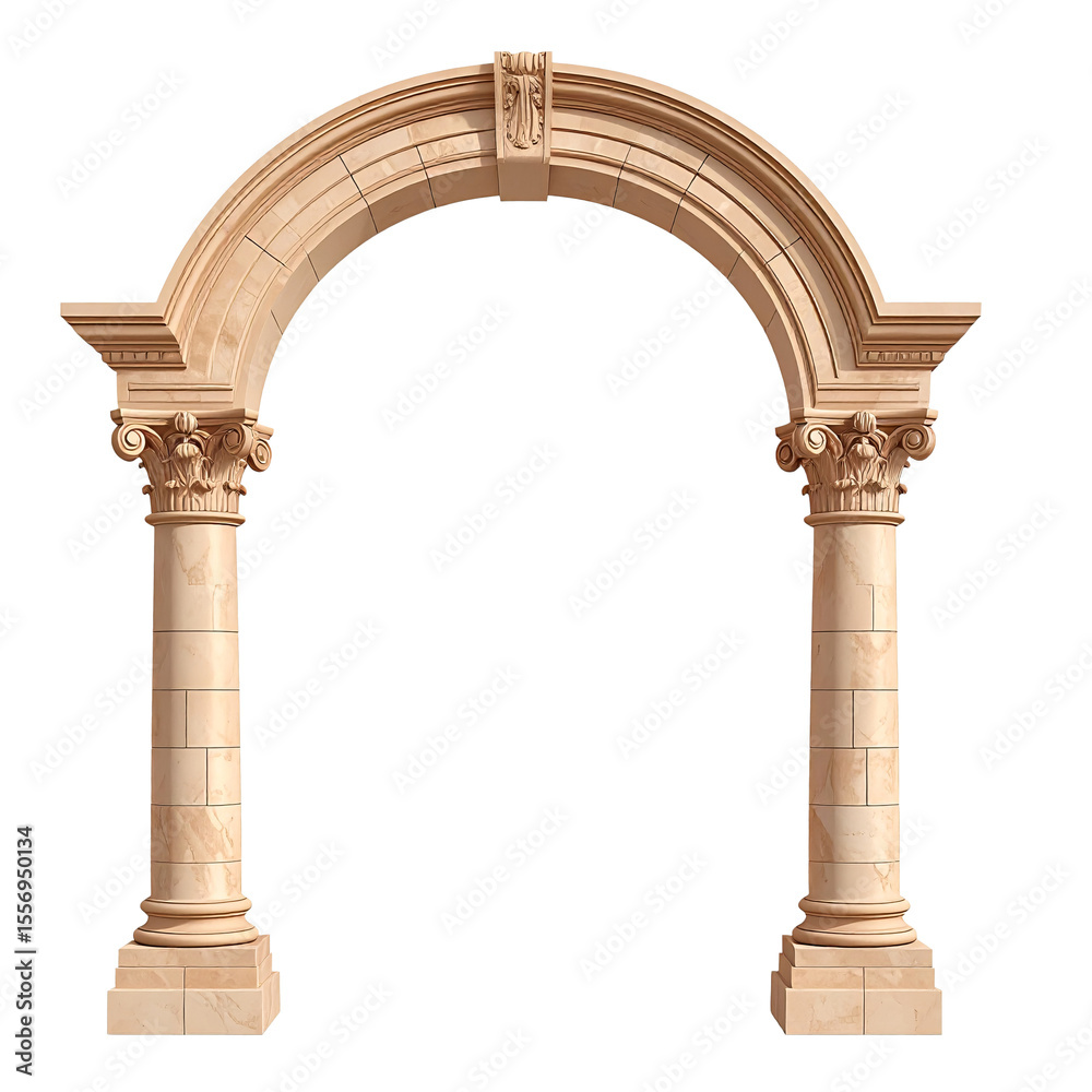 Fototapeta premium An Ancient arch with two columns on the left and right side, made of beige marble, isolated on a white background 