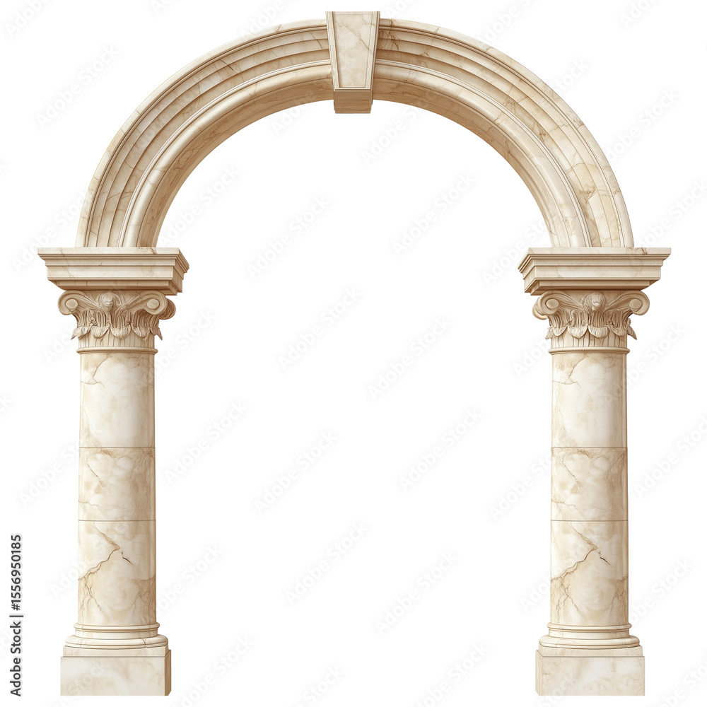 Naklejka premium An Ancient arch with two columns on the left and right side, made of beige marble, isolated on a white background 