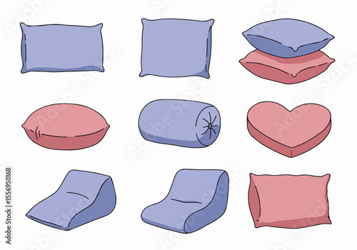 Collection of various illustrated pillows in different shapes and pastel colors like purple and pink, isolated on a white background.