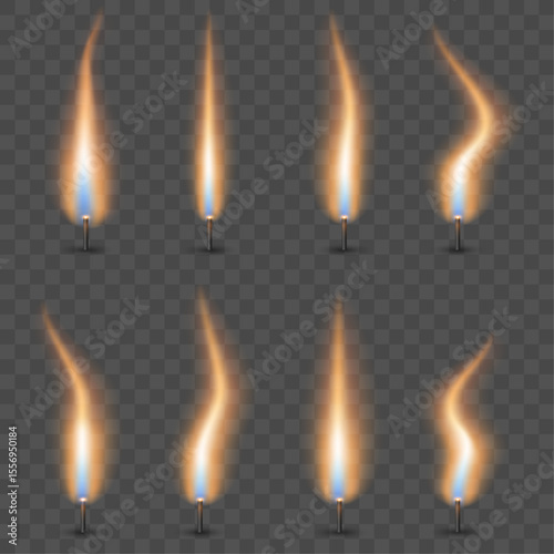 Set of realistic, dynamic fire effects on wick of candle on a transparent background. Burning flame from candles for visualizing heat, combustion or festive events. Vector illustration.