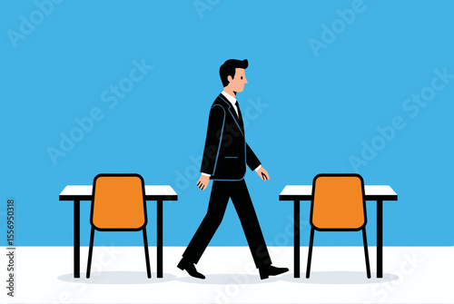 Illustration of a Businessman Walking Between Two Empty Desks in an Office Setting, Suggesting Job Loss or Career Transition