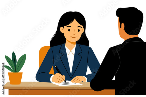 Job Interview Illustration: Woman Interviewer Taking Notes While Talking to Male Candidate in Office Setting