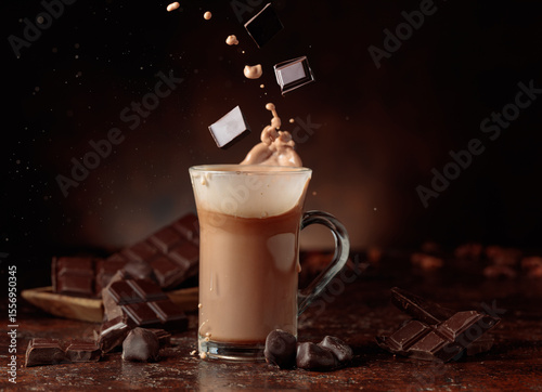 Pieces of bitter chocolate fall in glass mug with cocoa drink.