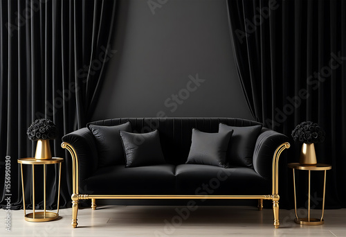 Luxury Black Velvet Sofa Gold Accents Dark Room Elegant Decor