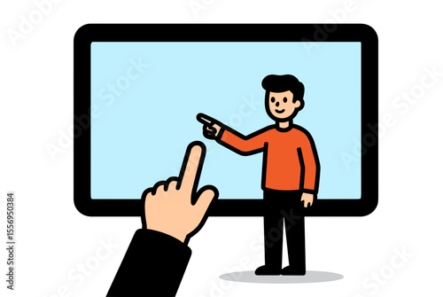 Cartoon Man on Tablet Screen Being Touched by a Finger, Flat Vector Illustration