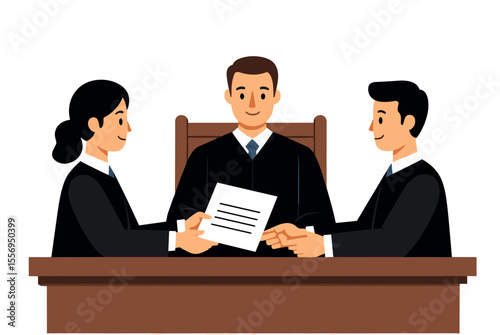 Cartoon Illustration of a Judge Receiving Documents from Lawyers in a Courtroom Setting