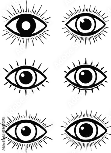 Graphic eyes in black and white display mystical elements, with symbolic designs on a bright backdrop featuring artistic flair.