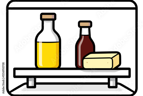 Simple Kitchen Shelf Illustration with Olive Oil, Vinegar, and Butter in a Clean, Minimalist Style