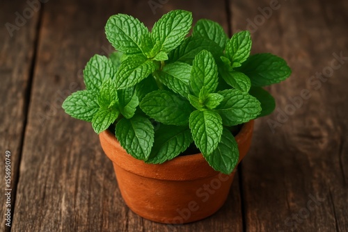 Close up of a mint plant growing in a terracotta pot on a wood surface