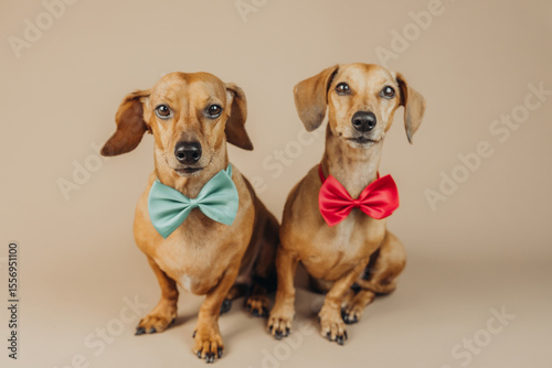 Two dachshund dogs in red and green bow ties sitting on beige background for friendship, celebration or pet style