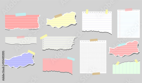 Torn Colorful Paper with sticky tape. Colorful torn paper pieces in various shapes. paper edges sign. vibrant torn paper. Decoration ornament art. Realistic paper scraps. Colored decorative mini paper