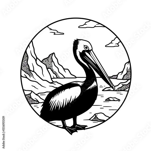 Pelican standing near water with mountains behind silhouette