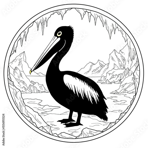 Illustration of pelican in a mountainous landscape silhouette