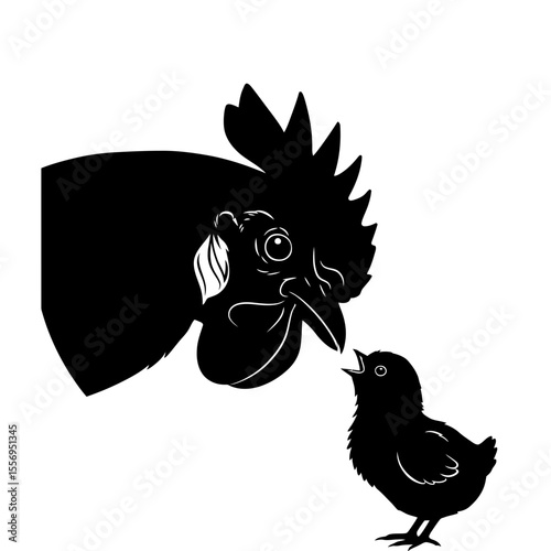 Silhouette of a rooster and a small chick looking up