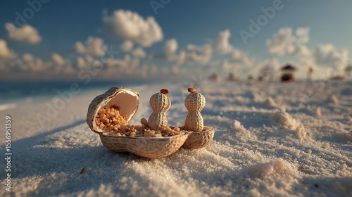 Two peanuts in a heart-shaped shell gazing at the white sandy beach during the evening. A whimsical and romantic scene blending nature elements with symbolic love imagery.