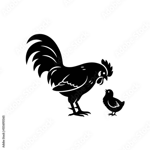 Silhouette of a rooster and chick in black color
