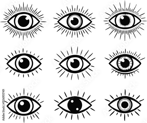 Eye-catching graphic collection of mystical eye symbols, a captivating set of esoteric eye shapes perfect for spiritual or visionary designs.