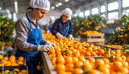 Fototapeta Naklejka Na Ścianę i Meble -  Orange Harvest Workers Sorting Fresh Citrus Fruits in a Modern Facility.
