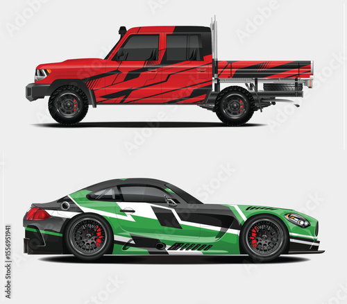 Two Cars with Custom Wraps A Red Truck and a Green Sports Car