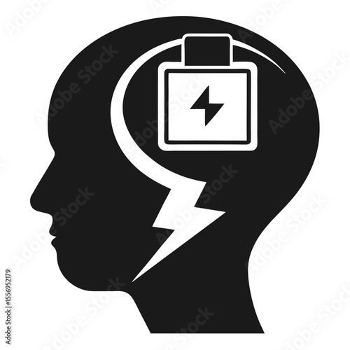 a black and white illustration of a person's head with a battery icon inside the head, digital concept, minimalist design
