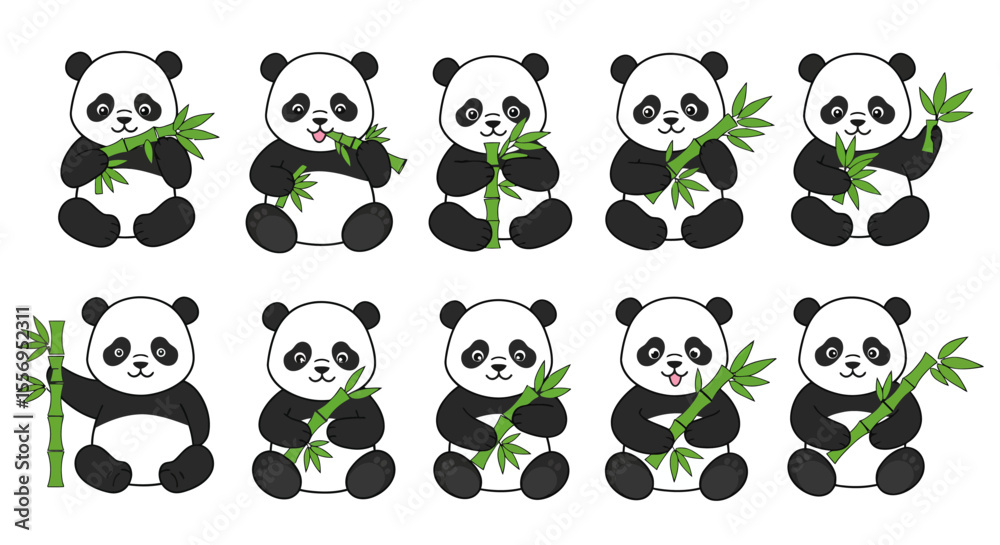 Obraz premium Cute cartoon panda bear animal vector illustration set with seamless patterns