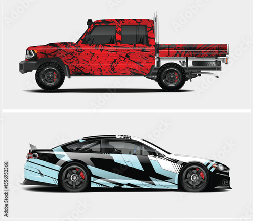 Two Modified Cars A Red Truck and a Blue Racing Car