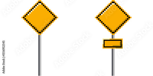 Pixel yellow road sign vector, designed with a retro, 8-bit aesthetic. Perfect for gaming warnings, digital caution indicators, vintage traffic alerts