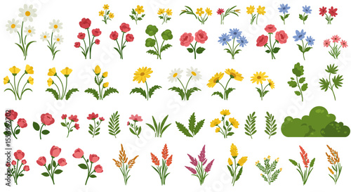 Vibrant spring flower vector illustration set with butterflies, perfect for floral design patterns and seamless garden wallpapers