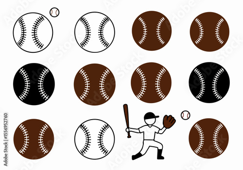 Set of baseball icons and a player illustration in various styles and colors, including outline, solid brown, and black designs.
