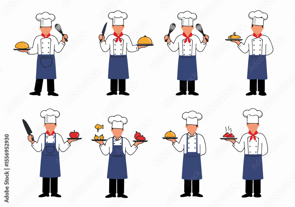 Illustrated collection of chefs in uniform holding various food items and cooking tools, perfect for culinary and restaurant themes. Illustrated collection of chefs in uniform holding various food items and cooking tools, perfect for culinary and restaurant themes.