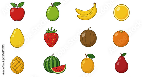 A vibrant cartoon collection of fresh, healthy fruits and vegetables, including apples, strawberries, oranges, bananas, pears, cherries, lemons, watermelons, pineapples, plums, peaches, and grapes