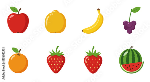A vibrant collection of fresh, ripe red berries, sweet apples, and green bananas, showcasing a healthy assortment of fruits and vegetables isolated on white