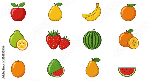 A vibrant vector collection of healthy fruit and vegetable icons including apple, strawberry, orange, banana, cherry, watermelon, lemon, pineapple, peach, mango, plum, grapes, and melon