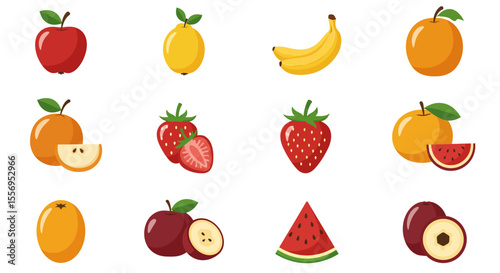 A vibrant vector collection of fresh fruit and vegetable icons including apple, strawberry, orange, banana, lemon, pear, kiwi, watermelon, peach, pineapple, and grapes