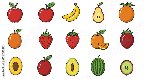 A colorful vector set of various healthy fruits and vegetables including apple, banana, orange, strawberry, and tomato