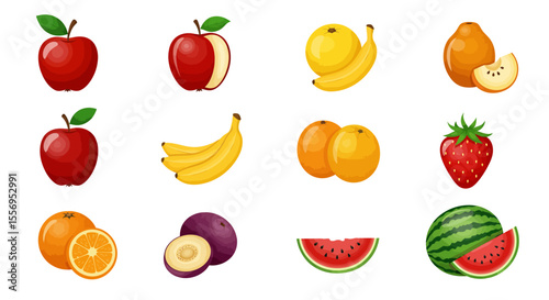 Freshly isolated set of healthy fruit and vegetable icons including apple, orange, banana, strawberry, pear, lemon, cherry, pineapple, peach, watermelon, tomato