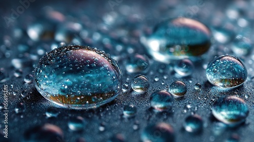 Various sizes of water drops suspended in air. Transparent and translucent liquid droplets with light reflections showing purity and natural elements.