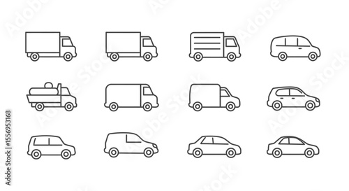 This image features a comprehensive set of transportation icons including cars, trucks, buses, vans, and other delivery vehicles, all presented as vector illustrations perfect for depicting various mo