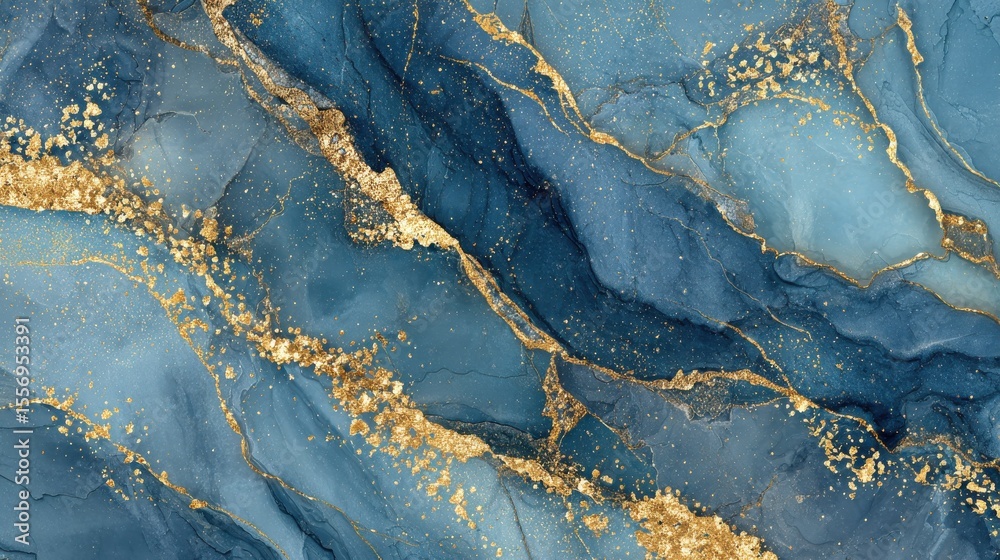 Fototapeta premium Abstract blue marble texture with gold splashes, blue luxury background