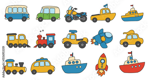A vector set of diverse transportation icons including cars, trucks, trains, buses, ships, and airplanes illustrates various modes of travel and delivery