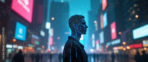 Digital man with a particle effect stands in profile view against a blurred cityscape at night with bright neon lights