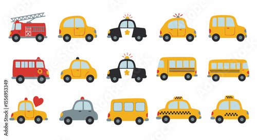 A vector illustration set features various construction equipment icons alongside a range of cartoon vehicles like cars, taxis, trucks, and buses, symbolizing urban transport and road travel