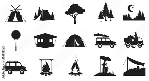 A whimsical set of camping and travel icons featuring charming illustrations of tents, trees, and cozy cottages under a starry sky